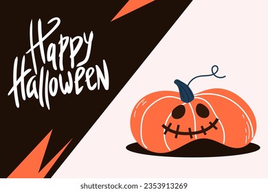 Happy Halloween. Poster with pumpkin and scary muzzle. Vector illustration