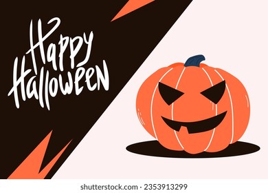 Happy Halloween. Poster with pumpkin and scary muzzle. Vector illustration