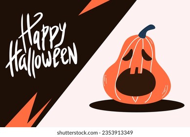 Happy Halloween. Poster with pumpkin and scary muzzle. Vector illustration