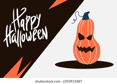 Happy Halloween. Poster with pumpkin and scary muzzle. Vector illustration