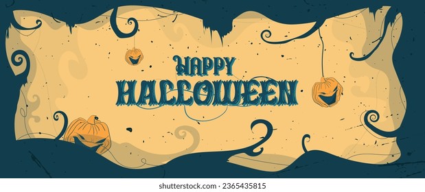 Happy Halloween poster with pumpkin Vector illustration style. Brochure yellow background.