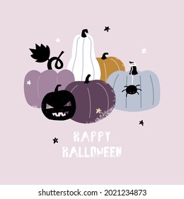 Happy Halloween poster with pumpkins. Holiday funny print. Vector hand drawn illustration.