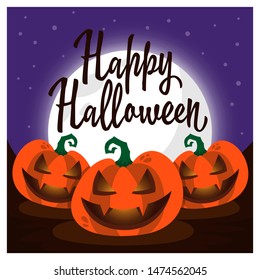 Happy Halloween poster with pumpkins under the moonlight. Vector illustration. Jack O Lantern party. 