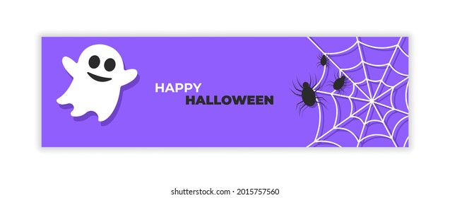 Happy halloween poster in purple background with ghost, web and spider.