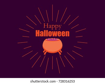 Happy Halloween poster with rays. Cauldron with potion and bubbles. Sunburst round. Vector illustration