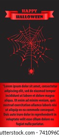 Happy Halloween poster with red thin neat cobweb with small spider isolated cartoon flat vector Illustration on black background with text