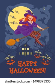 Happy halloween poster with red-haired witch wearing a hat, dress, striped stockings and shoes, flying on a broom on a night moon background with ghosts, bats, pumpkin. Vector illustration, cartoon