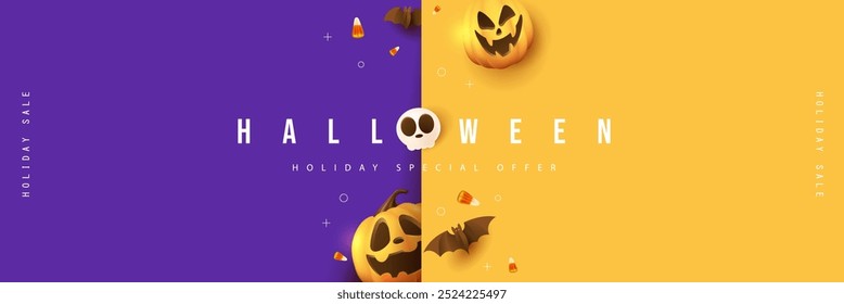 Anuncio feliz de la venta del cartel de Halloween con la cara sonriente de la calabaza de Halloween y la decoración festiva, fiestas de Festiva.