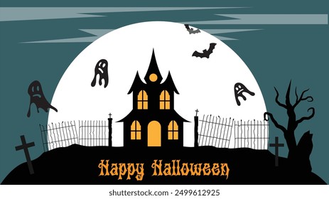 Happy Halloween Poster with a Scary Church in the Moonlight. Seasonal national holiday commercial illustration