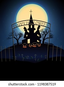 Happy Halloween poster with scary haunted house dead trees cemetery on blue full moon background vector illustration