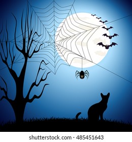 Happy Halloween poster scary on blue background, vector illustration. Halloween party.