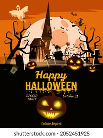 Happy Halloween poster, scary smiles pumpkins, night cemetery, haunted mansion, ghost, witch, black cat, full Moon. Vector illustration cartoon style banner