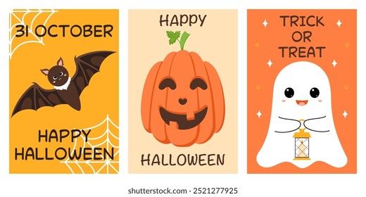 Cartaz feliz de Halloween definido com morcego, abóbora, fantasma. Estilo liso da moda e personagens engraçados. Coleção de cartazes vetoriais coloridos fofos para cartão postal, flyer, banner.