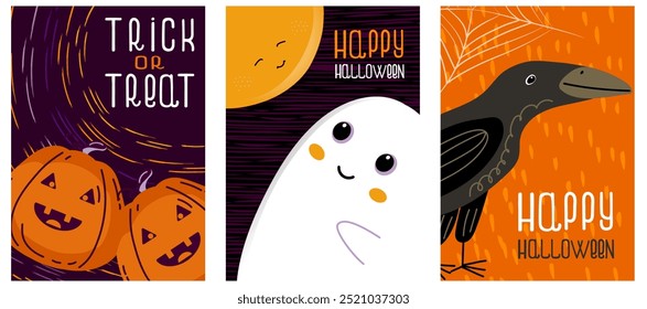 Happy Halloween poster set. Card with pumpkins, ghost and raven. Funny pumpkins, Smiling to the moon an ghost, raven on the background of the cobweb.