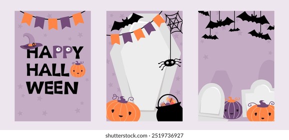 Happy Halloween poster set. Greeting cards, party invitation, template for print with cute cartoon pumpkins, garland, spider.