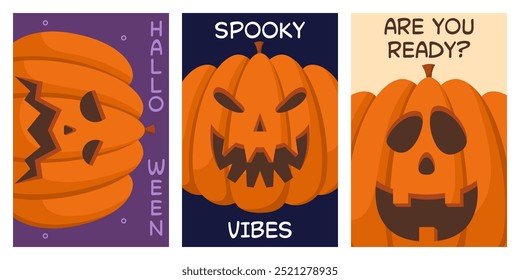 Happy Halloween poster set with pumpkins with different facial expressions. Trendy flat style and funny characters. Collection of cute colorful vector posters for postcard, flyer, banner.