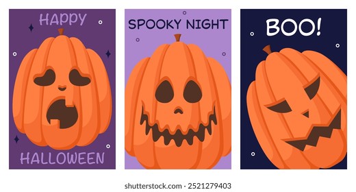 Happy Halloween poster set with pumpkins with different facial expressions. Trendy flat style and funny characters. Collection of cute colorful vector posters for postcard, flyer, banner.