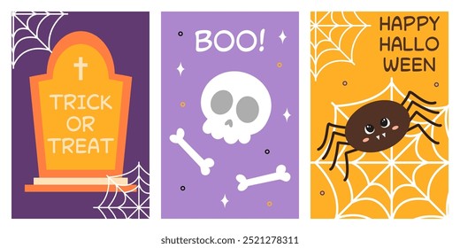 Afiche de Halloween feliz con lápida, cráneo y huesos cruzados, araña. Estilo plano de moda y personajes divertidos. Colección de carteles coloridos lindos del Vector para la postal, el volante, el Anuncio.