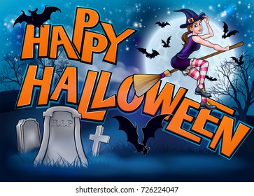 A Happy Halloween poster sign or card illustration scene with a witch cartoon character on her broomstick and silhouette trees and vampire bats in the background against a full moon.