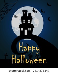 Happy halloween poster. Silhouette of castle at background of moon. International holiday of fear and horror. Spooky and creepy scene with black bats. Cartoon flat vector illustration