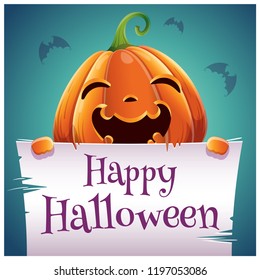 Happy Halloween poster with silly smiling pumpkin with parchment on dark blue background. Happy Halloween party.