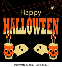 Happy Halloween Poster with skulls and spiders.