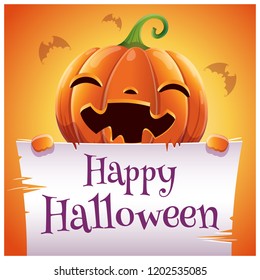Happy Halloween poster with smiling pumpkin with parchment on orange background. Happy Halloween party.