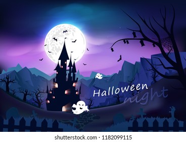 Happy halloween poster, spooky, fantasy and cartoon concept horror story, night scene abstract background vector illustration