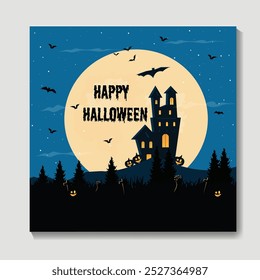 Happy Halloween Poster Template, Mix of Various Spooky Creatures,
 Moon and Castle, Vector Illustration
