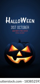 Happy Halloween poster template, Halloween pumpkin scary artwork modern craft style.Happy Halloween background and Halloween traditional symbols full moon, scary pumpkin, haunted house, flying bats.