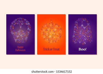 Happy Halloween poster template set. Autumn holiday banner layout. Spooky party vector illustration