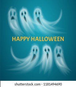 Happy Halloween poster with text flying ghosts vector. Floating ghostly creatures, apparitions with evil look and sad expression. Scary poltergeists