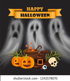 Happy Halloween poster with text on ribbon banner and pumpkin vegetable vector. Potion in pot, brewing poison and hat, skull and herbs, eye and hat