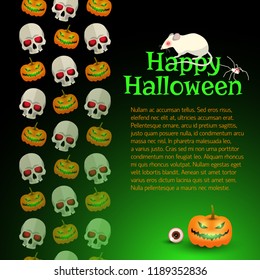 Happy halloween poster with text and ornament with skulls and pumpkins on green background flat vector illustration 