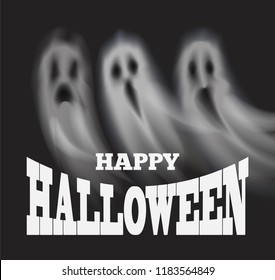 Happy Halloween poster with text and sad scary apparitions vector. Ghostly creatures haunting people at night castles and old homes. Horror and fear