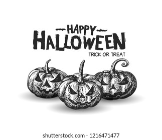 Happy halloween poster with three pumpkin drawing style isolated on white background. Vector design for invitation card, greeting card, poster and banner halloween celebration event