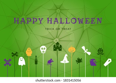 Happy halloween poster with traditional autumn holiday symbols on spider web background. Web banner for party, decoration or shopping sale. Vector illustration