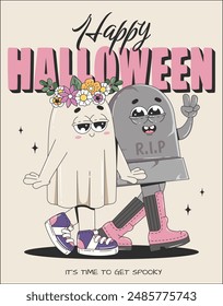 Happy Halloween poster in trendy groovy style. Cute and funny ghost and tombstone cartoon characters. Retro vector illustration.