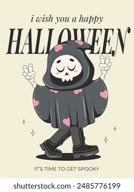 Happy Halloween poster in trendy groovy style with a cute Death character. Vector illustration in 70s cartoon style.