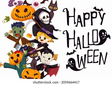 Happy Halloween poster (trick or treat) or party invitation background undead, deathly, bat and witch. Vector illustration halloween night scene poster of dracula, scarecrow, cat and pumpkin.