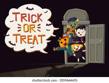 Happy Halloween Poster (trick Or Treat) Or Party Invitation Background Undead And Witch In Flat Style. Vector Illustration Halloween Night Scene Poster Of Dracula And Jack-o-lantern Knock The Door.