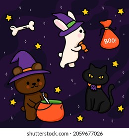 Happy Halloween poster (trick or treat) or party invitation background. Vector illustration scene poster Halloween night Rabbits, black cats and bears are wizards who cook poison in a pot.