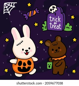 Happy Halloween poster (trick or treat) or party invitation background. Vector illustration scene poster Halloween night rabbit and bear in the cemetery with pumpkins 