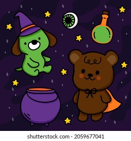 Happy Halloween poster (trick or treat) or party invitation background. Vector illustration scene poster Halloween night dog and bear are wizards who cook poison in a pot. 