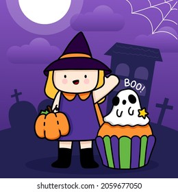 Happy Halloween poster (trick or treat) or party invitation background. Vector illustration night scene poster A girl holding pumpkin in cemetery halloween night with cupcake. 