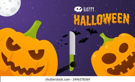 Happy halloween poster with two pumpkins with scary faces expression grimace and knife in the hands standing up flat style design vector illustration isolated on dark sky background, moon and bats.