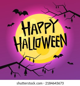 Happy Halloween poster. Vector Halloween background with illustration of flying bats over moon.