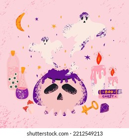 Happy Halloween poster. Vector cute illustrations of objects: scull, ghost, candle, eyes in vessels, potions for postcard creation. Cute Halloween design elements. 