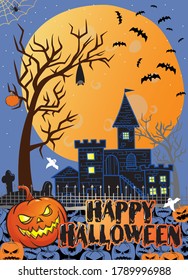 Happy Halloween Poster, vector illustration. with an evil pumpkin, bats, a castle, and a Happy Halloween text