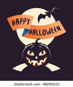 Happy Halloween Poster. Vector illustration. Pumpkin on a background of the moon.